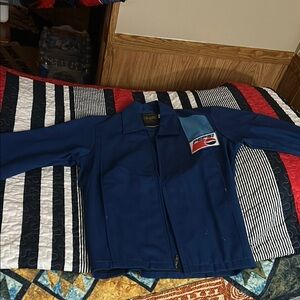 Navy Blue Bomber Jacket with White and Red Stripes
